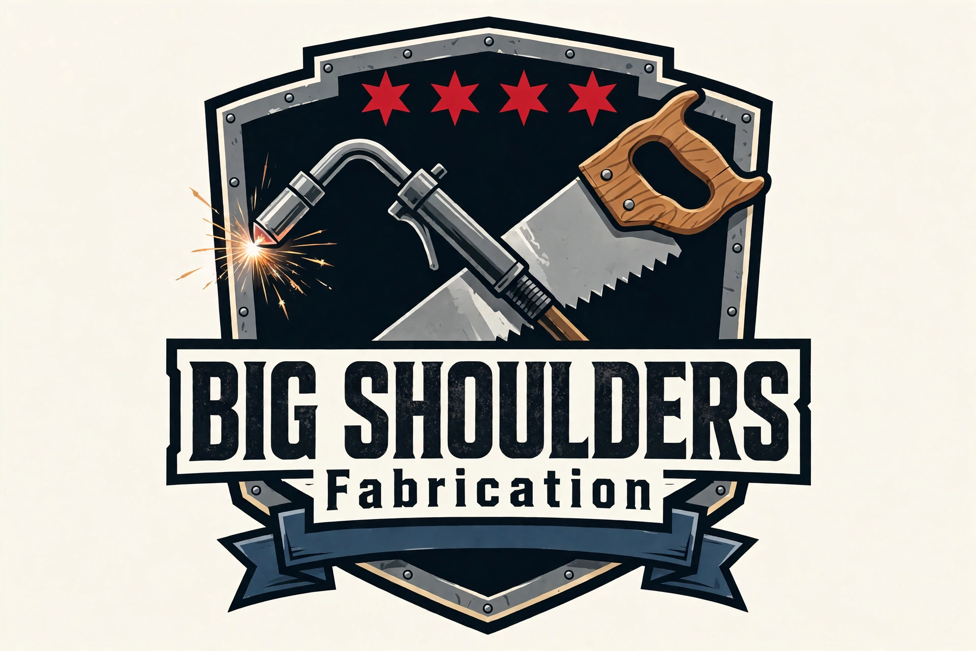 Big Shoulders Fabrication logo — shield with welding torch, wooden-handled handsaw, and four red six-pointed Chicago flag stars